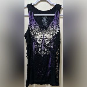 Rebel Saints Blk Cutout Sides Tank Top With Holographic Metallic Print Size XL